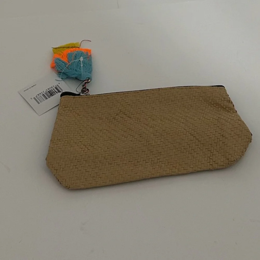 Woven Faux Straw & Black Fabric Cosmetic Case Pouch with Neon Tassel Accent NWT